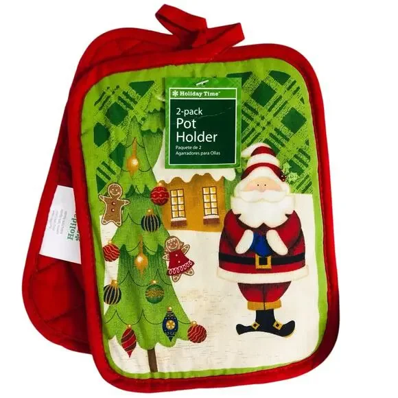 NWT Holiday Time Hot Pad Kitchen Set Christmas Design Santa Red Poinsettias - Picture 2 of 16